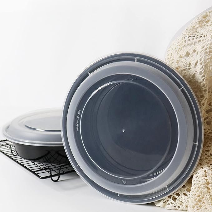 48 Oz 9" Black Microwaveable Round Flat Bowl With Clear Lid Combo 150/case)