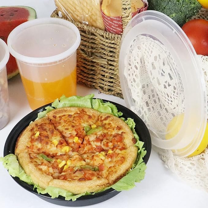 48 Oz 9" Black Microwaveable Round Flat Bowl With Clear Lid Combo 150/case)