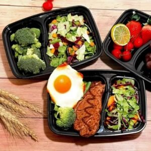 34 Oz Black Rectangular Microwaveable Container With Lid 2-compartment 150/case